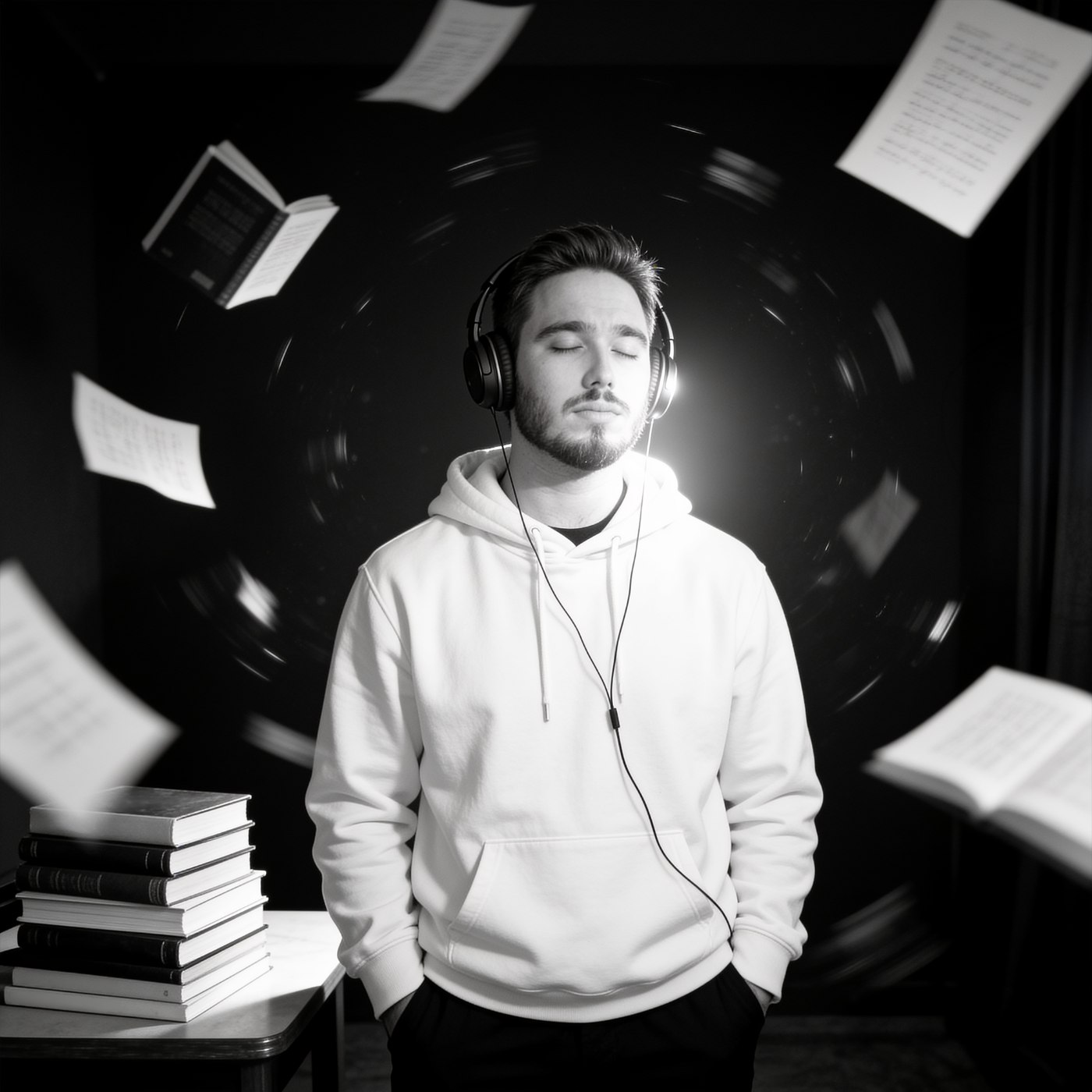 Anthony Louis with headphones, surrounded by books and pages